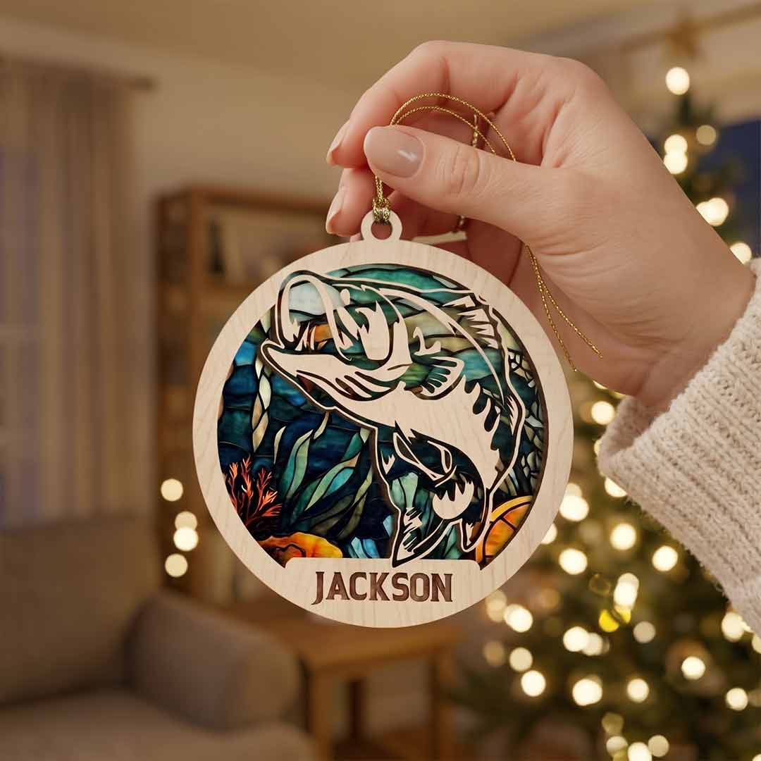 Underwater Bass Fishing Personalized Custom Name Fishing 2-Layer Wooden Christmas Ornament for Angler Christmas Gift