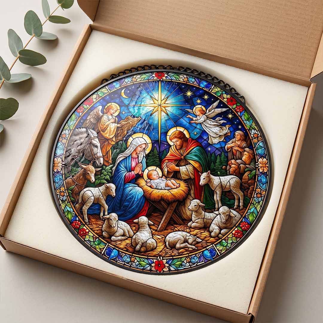 Nativity Scene Holy Family Birth of Jesus Nativity Stained Glass Suncatcher Christmas Ornament