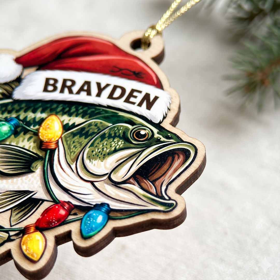 Christmas Fish Santa Hat Fisherman Holiday Keepsake Personalized Custom Name Fishing 1-Layer Wooden Christmas Ornament for Anglers Gift