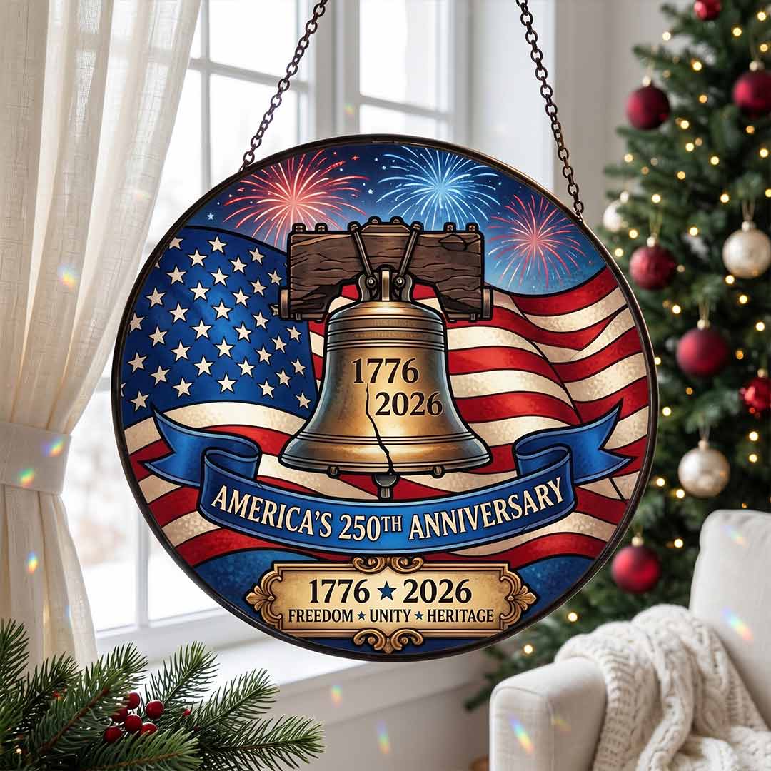 America's 250th Liberty Bell 1776-2026 Freedom Unity Heritage Patriotic Stained Glass Suncatcher Christmas Ornament