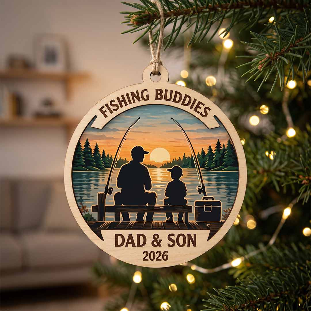 Fishing Buddies Dad and Son Custom Name Date Fishing 2-Layer Wooden Ornament