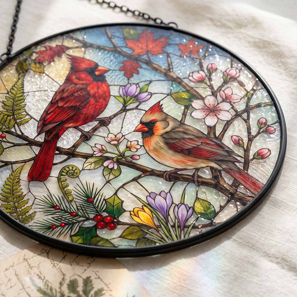 Cardinal Couple Four Seasons Floral Bird Lover Gift Nature Window Decor Couple Stained Glass Suncatcher Christmas Ornament