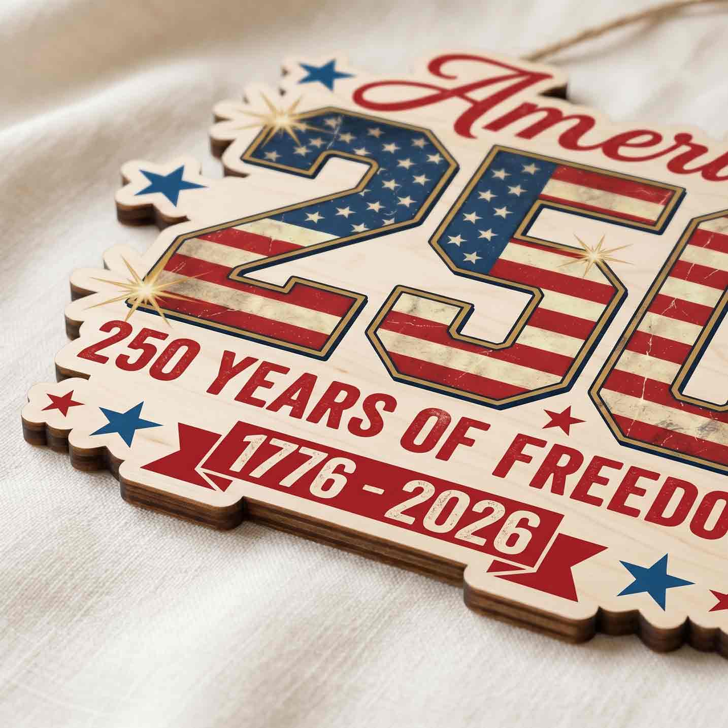 America 250 Years of Freedom 1776-2026 American Flag Gold Patriotic Wooden Sign