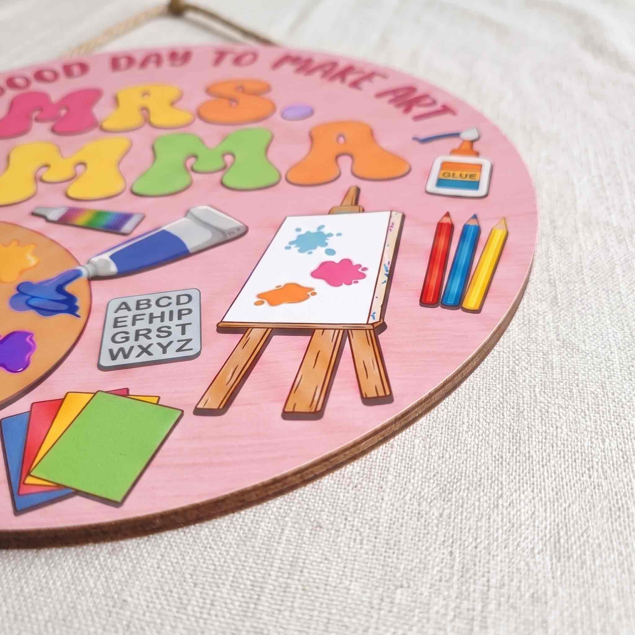 Personalized Art Teacher Classroom Door Hanger Wooden Sign, Custom Art Classroom Welcome Sign