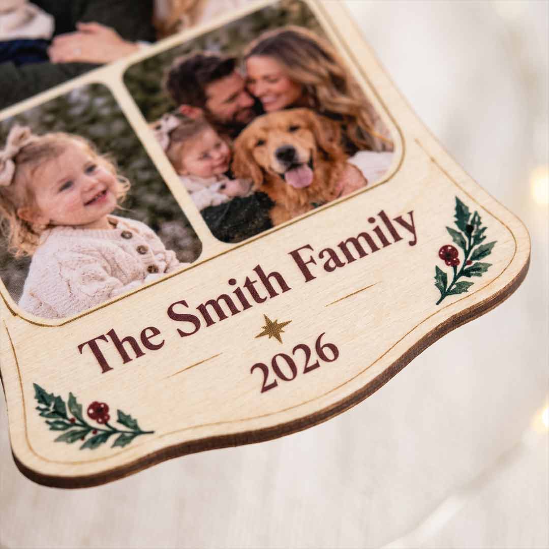 Family Christmas Photo Collage Holiday Keepsake Personalized Custom Name Date Photo Family 1-Layer Wooden Christmas Ornament for Family Members Gift
