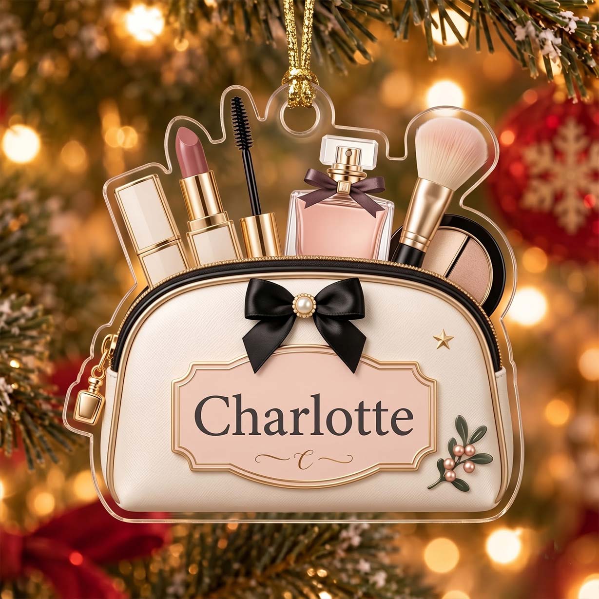 Cream Makeup Bag Lipstick Perfume Custom Name Acrylic Christmas Ornament Beauty Artist