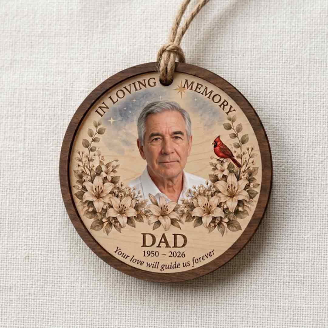 In Loving Memory Dad Floral Portrait Personalized Custom Name Date Photo Memorial 2-Layer Wooden Christmas Ornament Memorial Gift for Loss of Dad