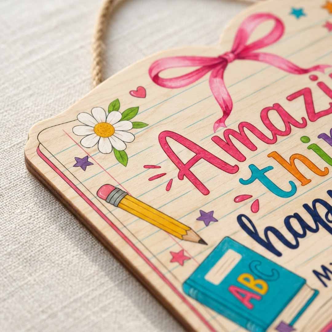 Personalized Teacher Name Wooden Sign Door Hanger Amazing Things Happen Here Wooden Classroom Decor, Back to School Sign