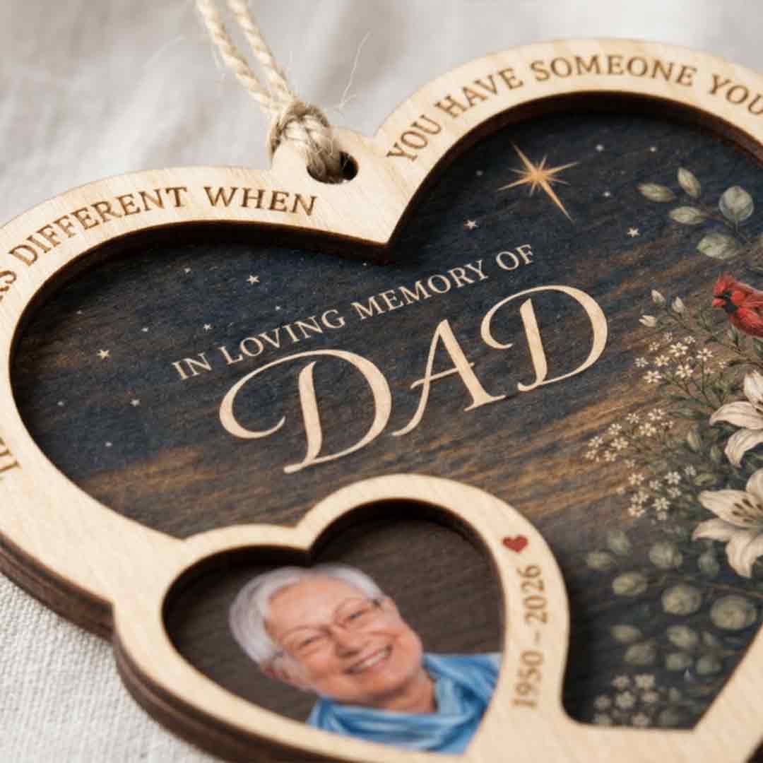 In Loving Memory Dad Heart Photo Personalized Custom Name Date Photo Memorial 2-Layer Wooden Christmas Ornament Remembrance Gift for Loss of Dad