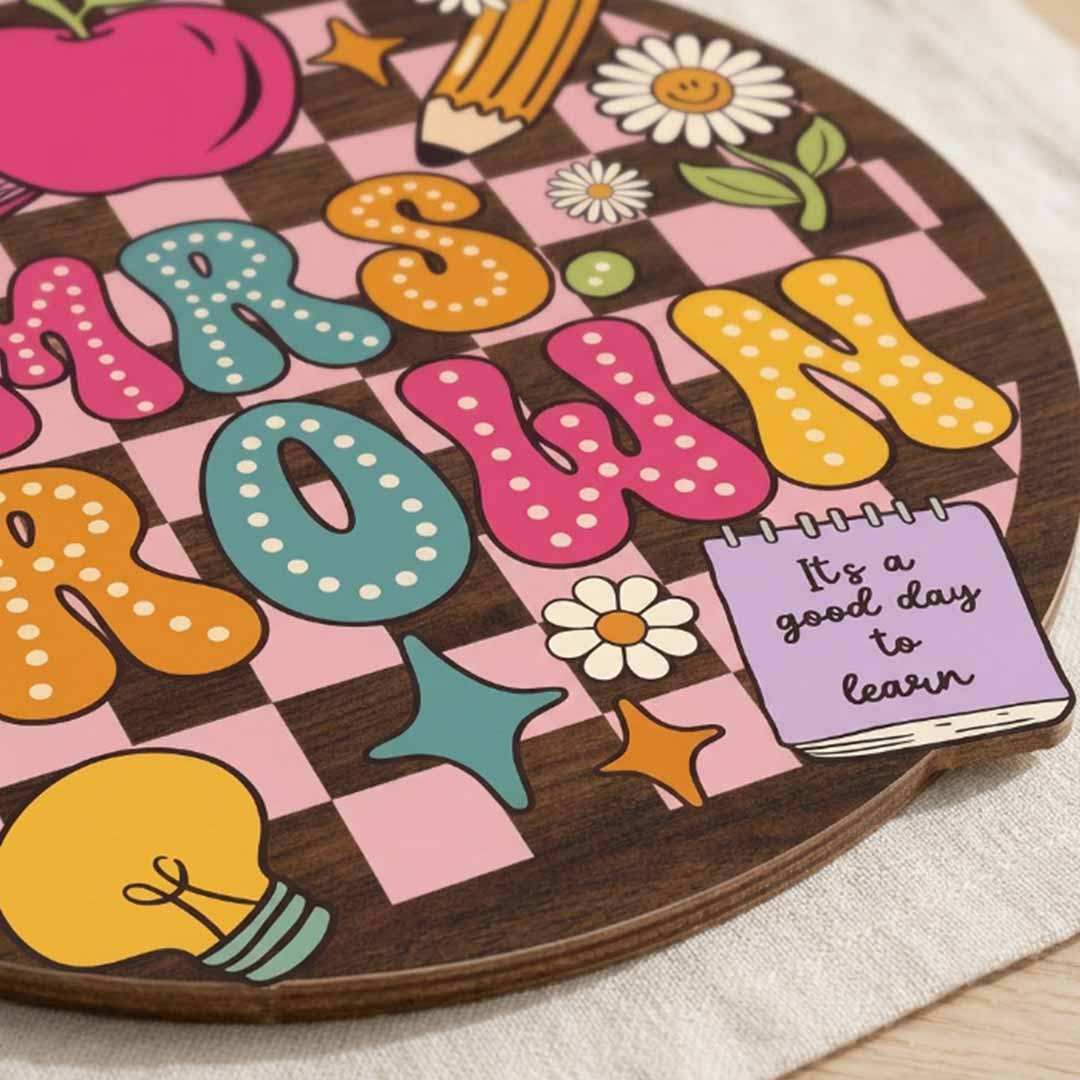 Personalized Teacher Name Wooden Sign Door Hanger Sunshine & Flowers Classroom Name Sign Wooden Classroom Decor, Back to School Sign