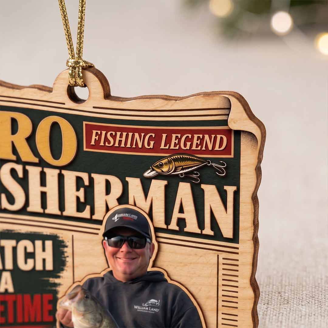 Fisherman Magazine Cover Fishing Keepsake Personalized Custom Name Date Photo Fishing 1-Layer Wooden Christmas Ornament for Dad Fishing Lovers Gift