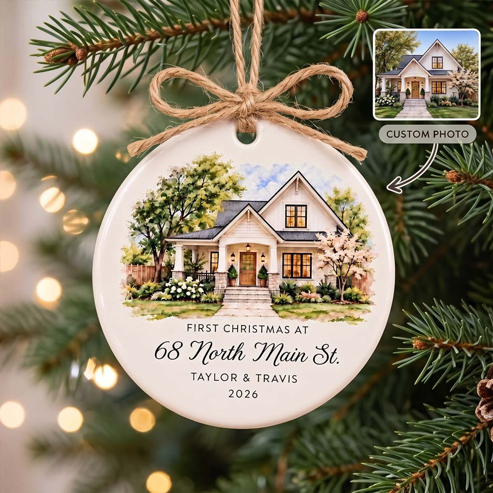 First Christmas in New Home Custom Name Address Photo New Home Round Ceramic Christmas Ornament New Home Keepsake Gift