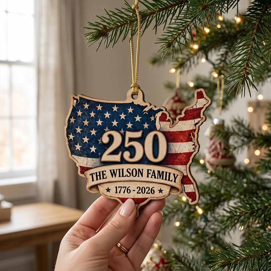 America's 250th USA Map Patriotic Keepsake Personalized Custom Name Patriotic 1-Layer Wooden Christmas Ornament for American Families