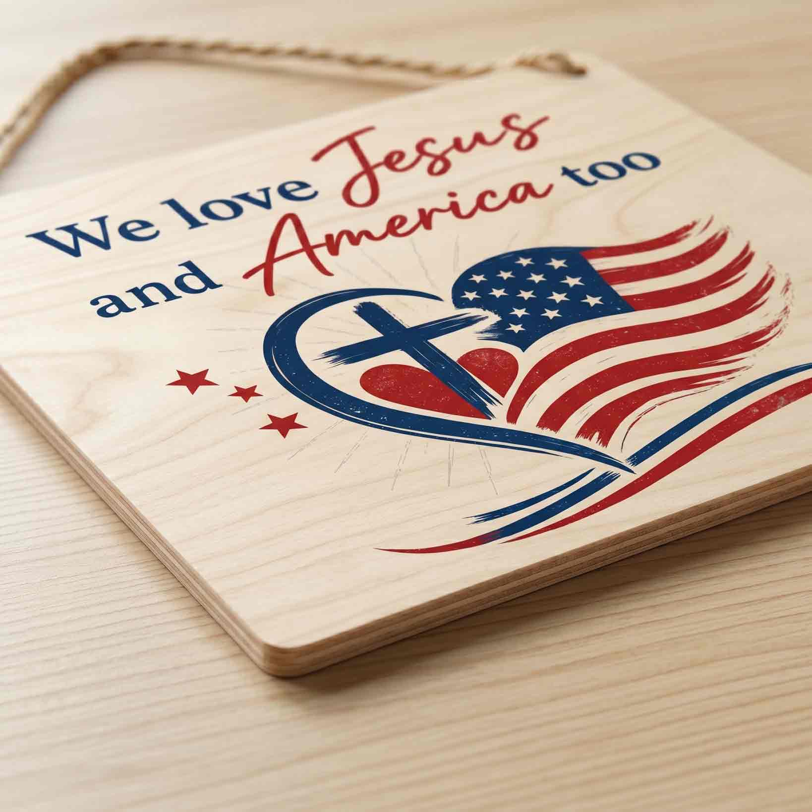 We Love Jesus And America Too Wooden Hanging Sign Christian Patriotic Decor