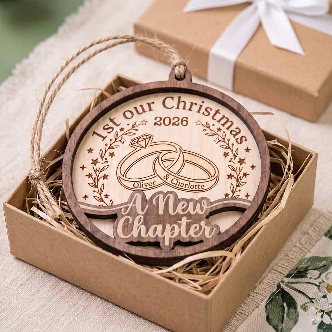 Our New Chapter Wedding Rings Personalized Custom Name Date First Wedding 2-Layer Wooden Christmas Ornament for Newlyweds Wedding Gift