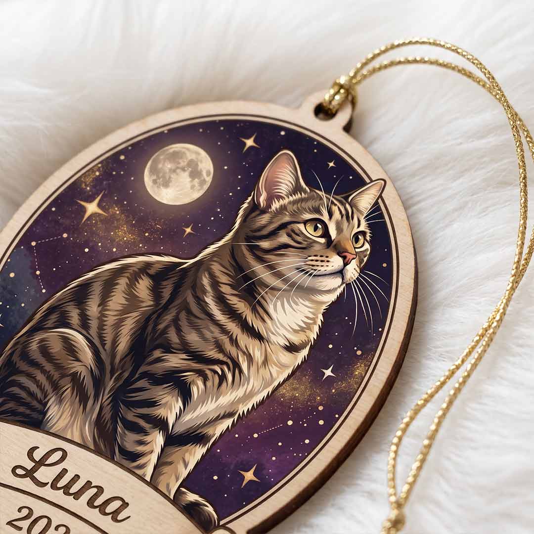 Personalized Cat Night Sky Custom Name Date Photo Cat Lover Gift Wooden Christmas Ornament
