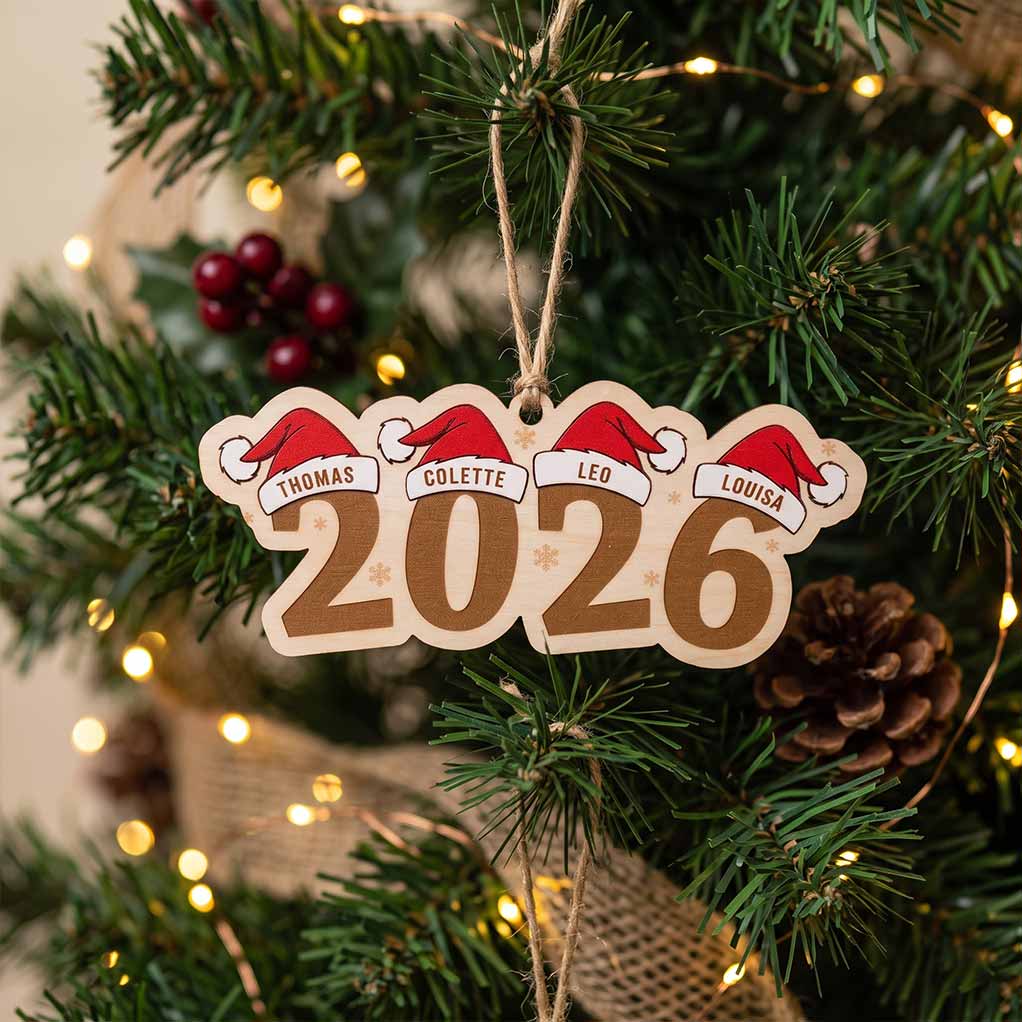 2026 Santa Hat Family Holiday Keepsake Personalized Custom Name Family 1-Layer Wooden Christmas Ornament for Family Members