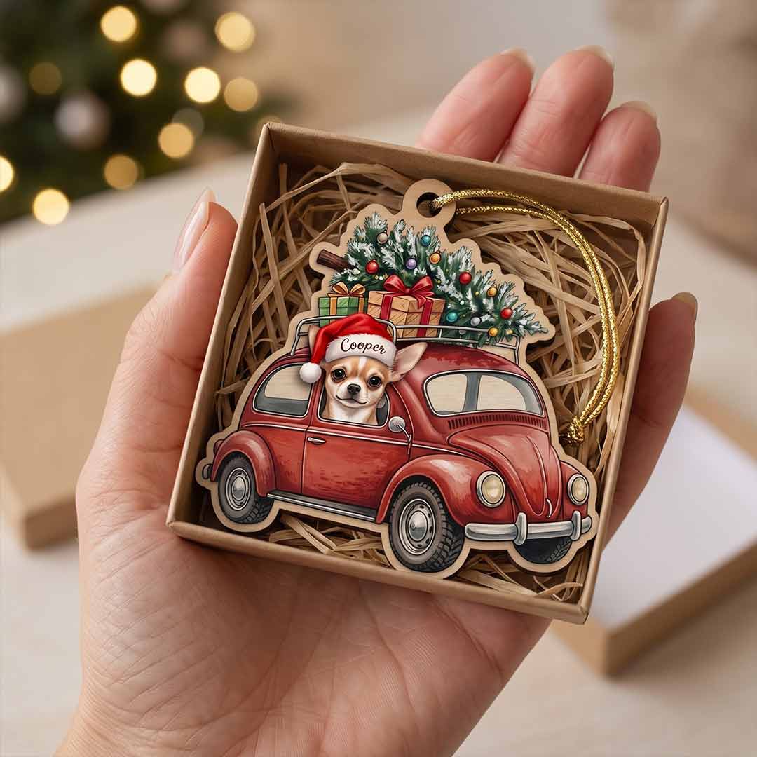Personalized Pet First Christmas Vintage Car Custom Name Date Dog Photo Dog Lover Gift Wooden Christmas Ornament