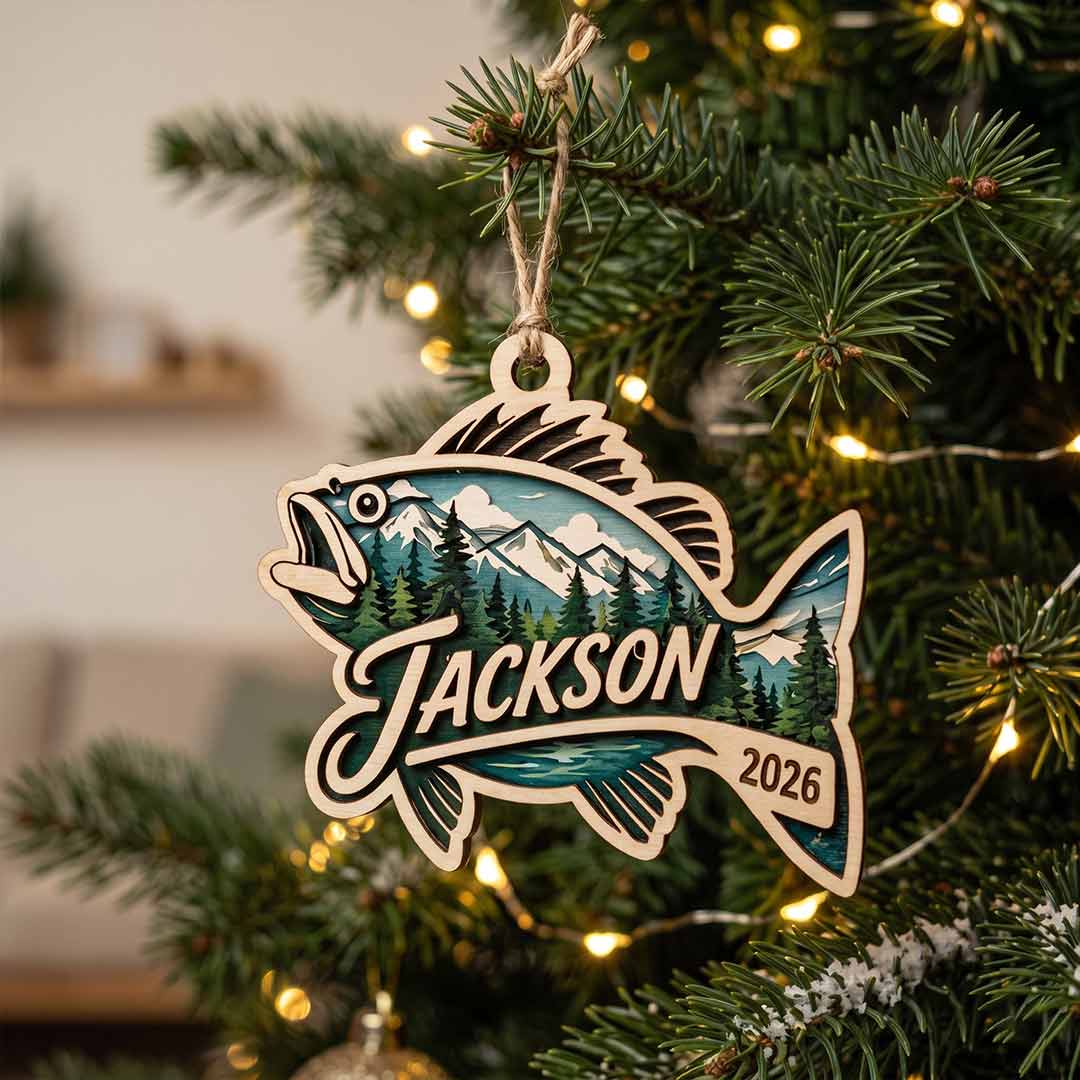 Mountain Bass Fishing Personalized Custom Name Date Fishing 2-Layer Wooden Christmas Ornament Christmas Gift for Anglers