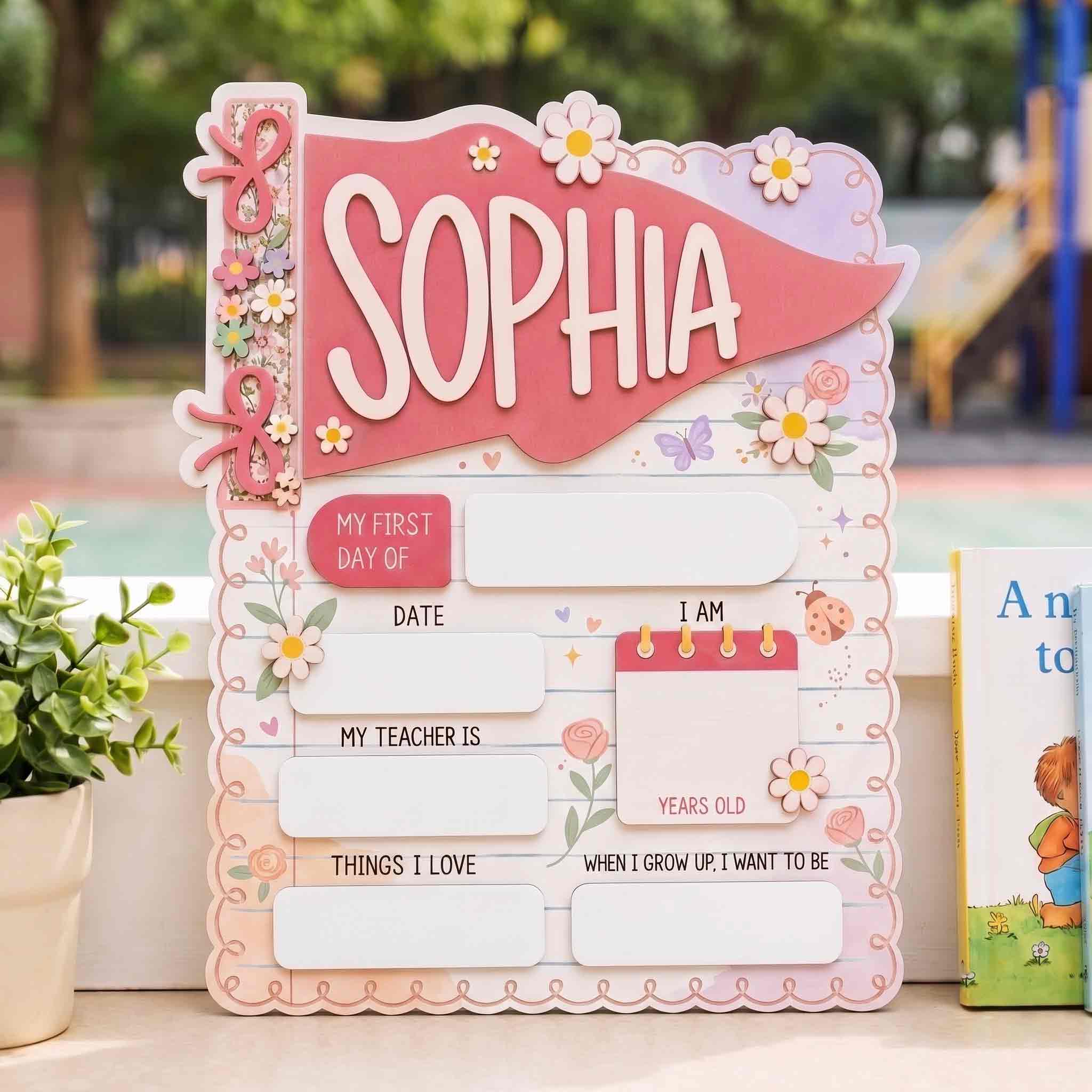 Personalized Floral Stationery Style First & Last Day School Sign, Reusable Dry Erase Board, Back to School Sign