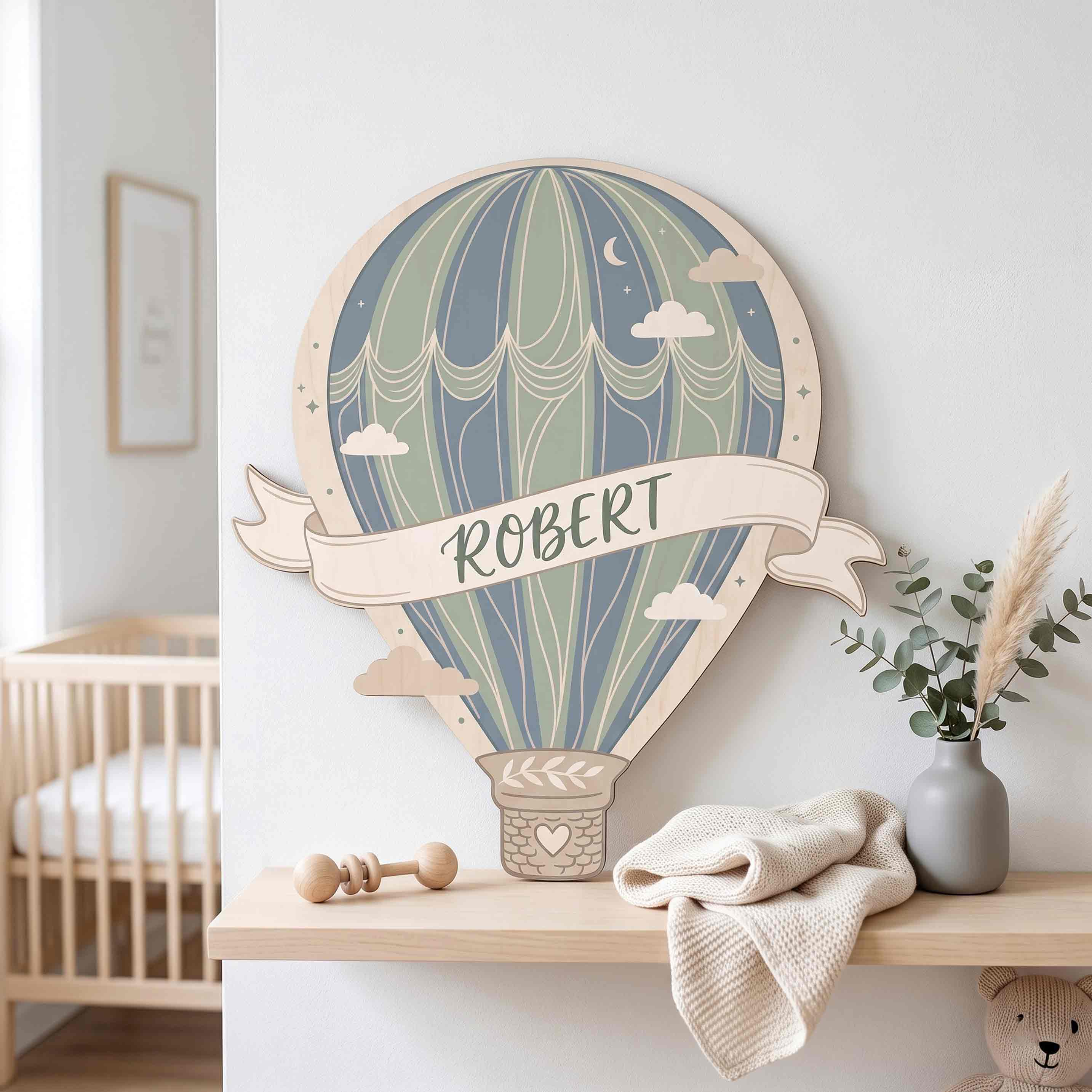 Personalized Retro Hot Air Balloon Nursery Name Sign Wooden Baby Room Decor