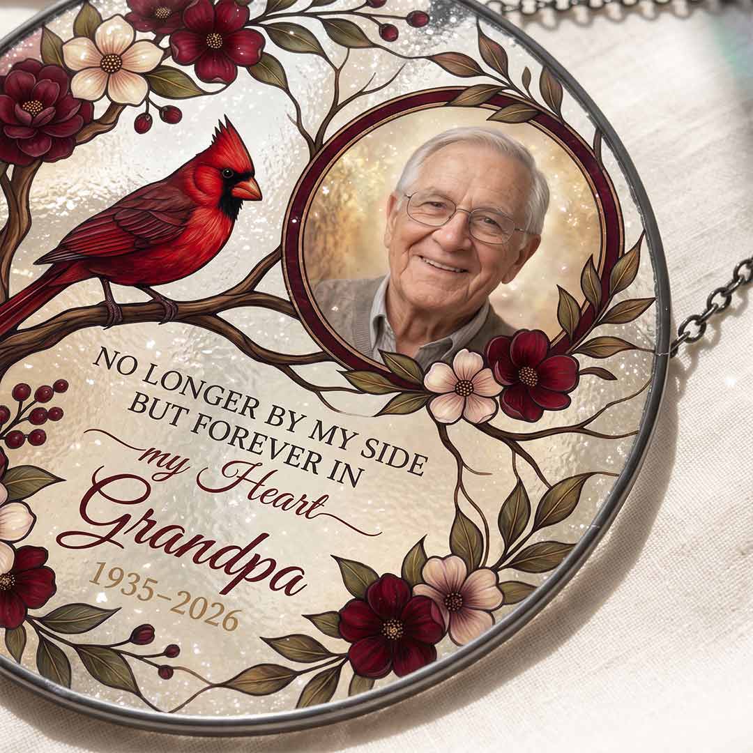 Grandpa Memorial Cardinal Personalized Custom Name Date Photo Loved One Memorial Keepsake Stained Glass Suncatcher Ornament for Loss of Grandpa