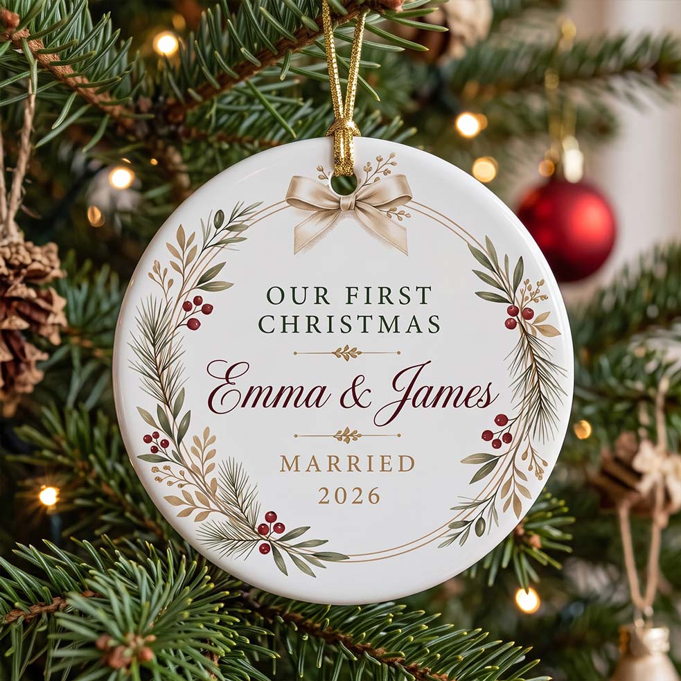 Our First Christmas Botanical Wreath Custom Names Date First Married Christmas Round Ceramic Christmas Ornament