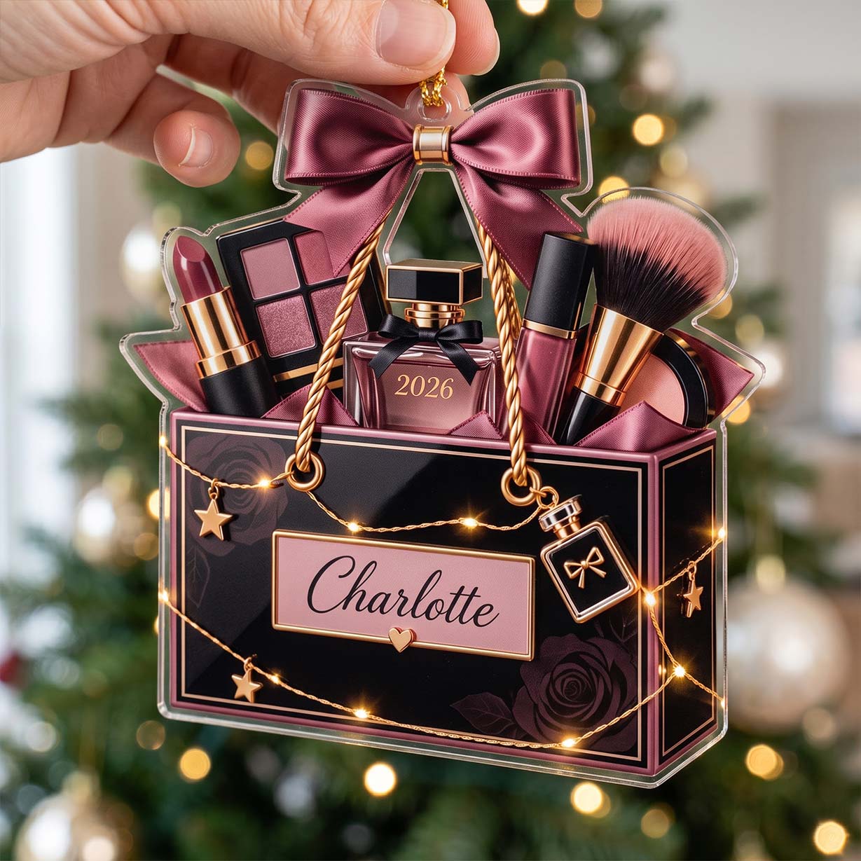 Black Rose Makeup Gift Box Cosmetic Brush Custom Name Date Acrylic Christmas Ornament Makeup Lover