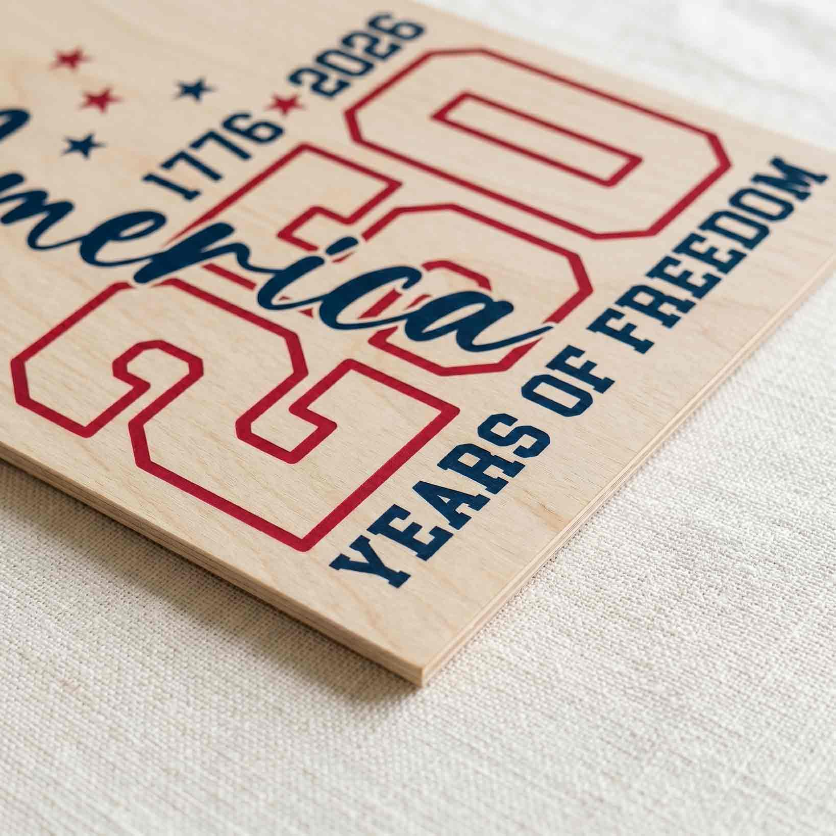 America 250 Years of Freedom 1776-2026 Modern Typography Patriotic Wooden Sign