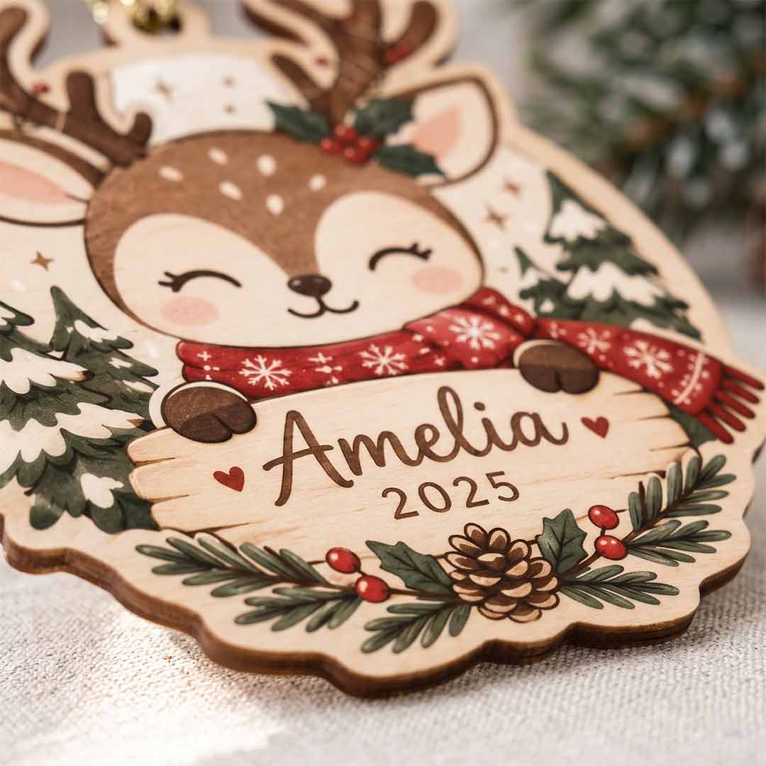 Cute Christmas Reindeer Kids Keepsake Personalized Custom Name Date NewBorn 1-Layer Wooden Christmas Ornament for Children Gift