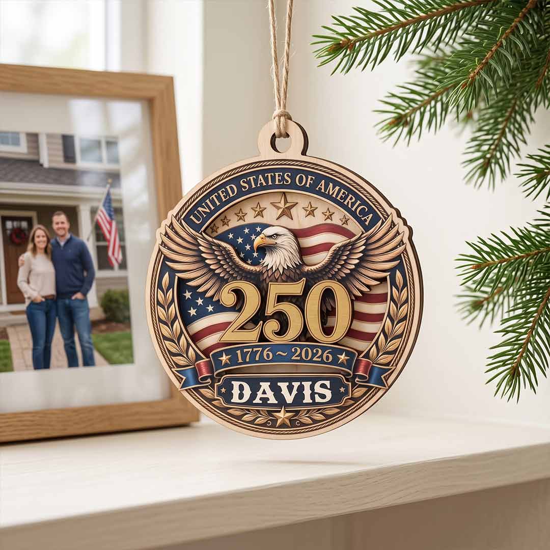 Freedom 250 America's 250th Patriotic Heritage American Pride Personalized Custom Name Patriotic Keepsake 1-Layer Wooden Christmas Ornament for Patriots Gift