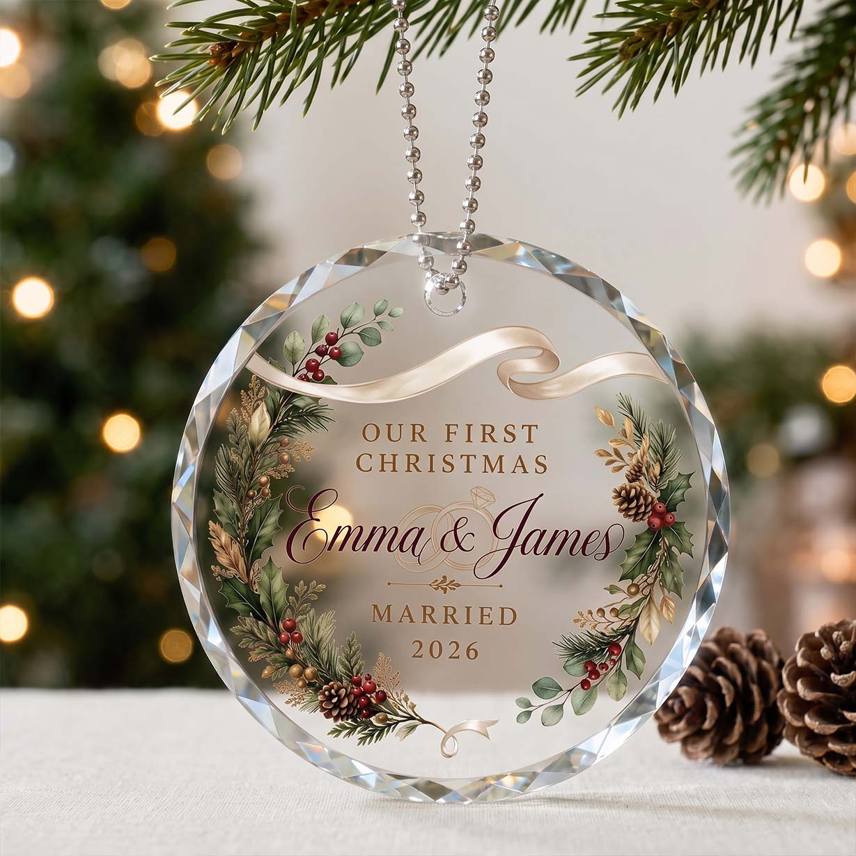 Our First Christmas Golden Greenery Wreath Custom Names Date First Married Christmas Round Glass Christmas Ornament