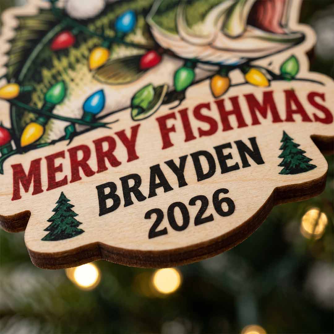 Merry Fishmas Christmas Lights Fisherman Holiday Keepsake Personalized Custom Name Date Fishing 1-Layer Wooden Christmas Ornament for Fishing Lovers