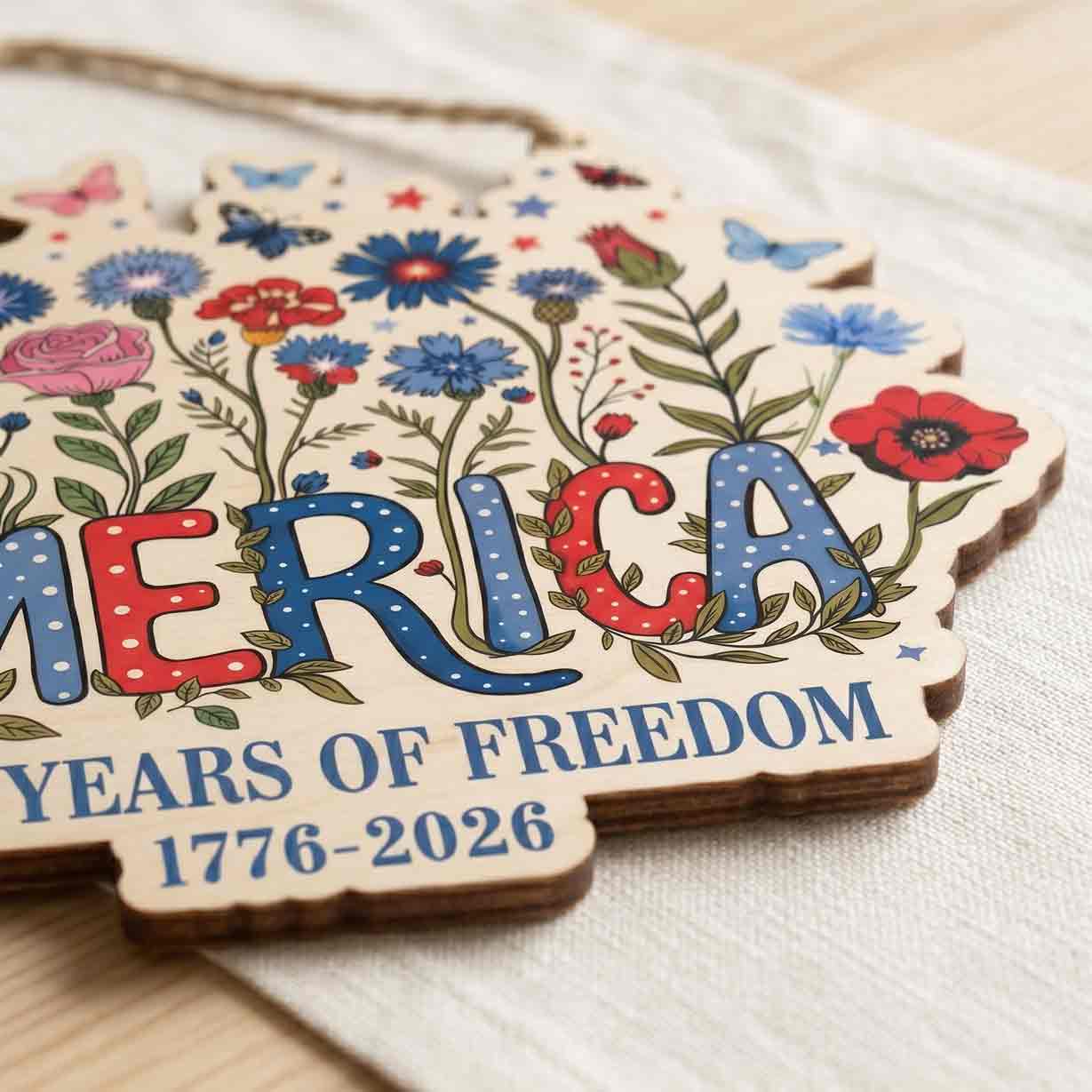 America 250 Years of Freedom Wooden Sign Patriotic Floral Decor