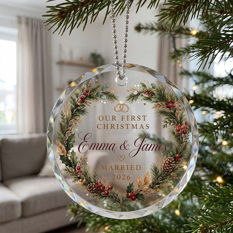 Our First Christmas Pine Berry Wreath Custom Names Date First Married Christmas Round Glass Christmas Ornament
