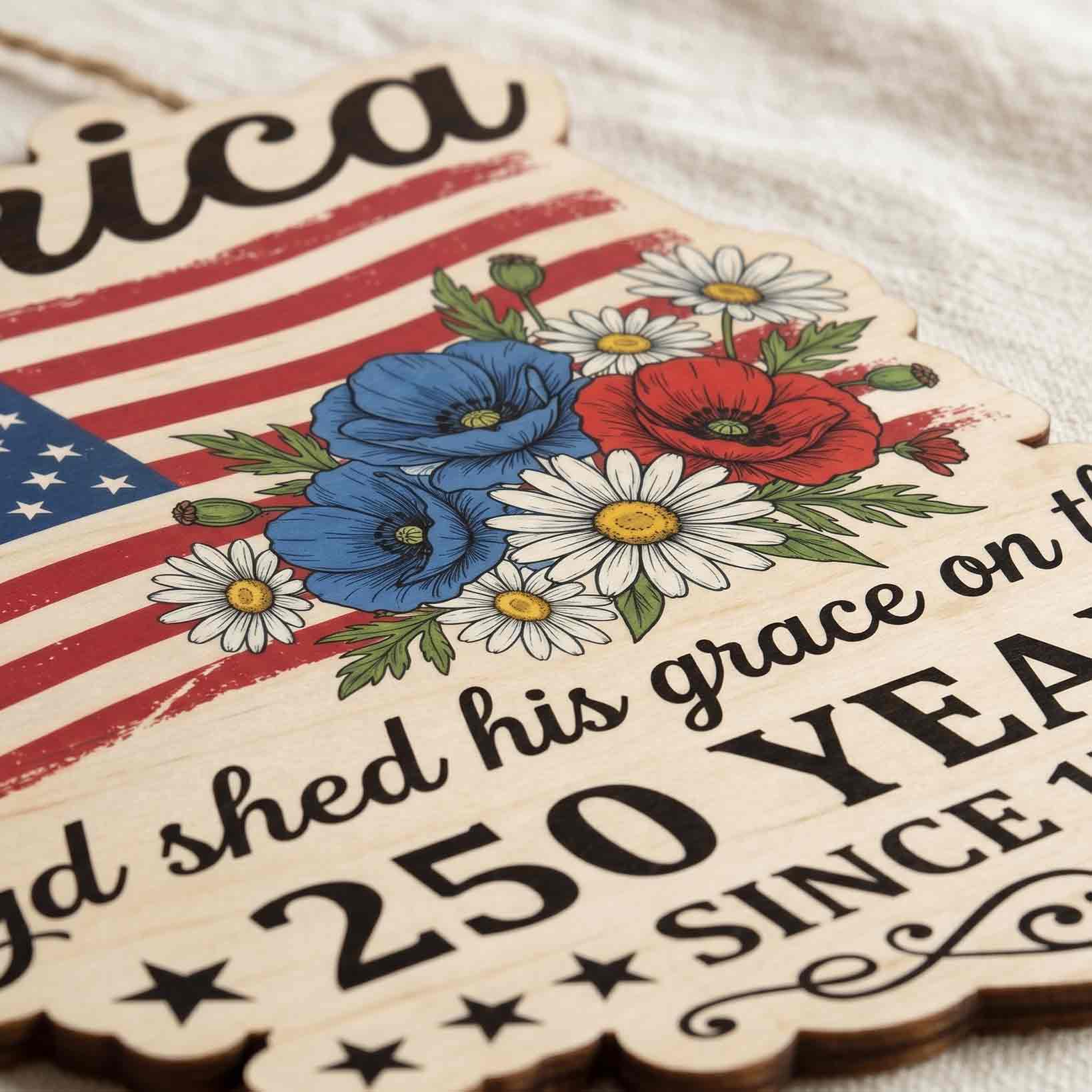 America 250 Years Wooden Sign God Shed His Grace on Thee Patriotic Floral Decor