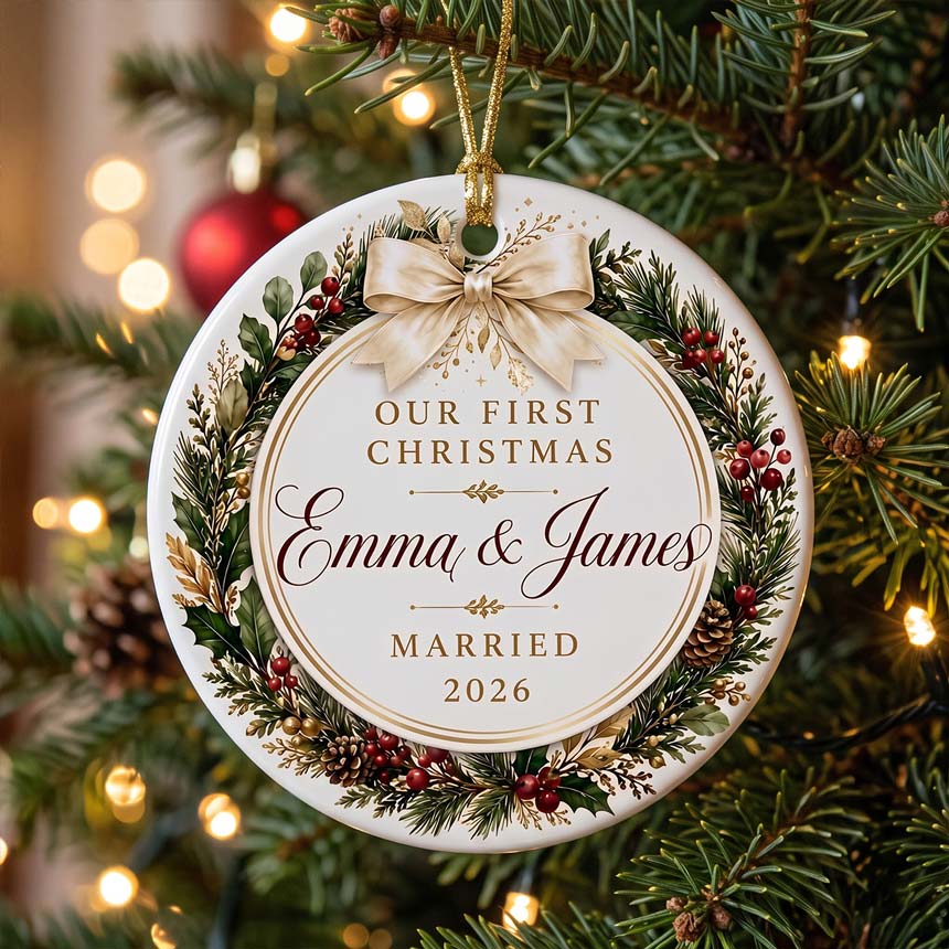 Our First Christmas Bow Wreath Custom Names Date First Married Christmas Round Ceramic Christmas Ornament