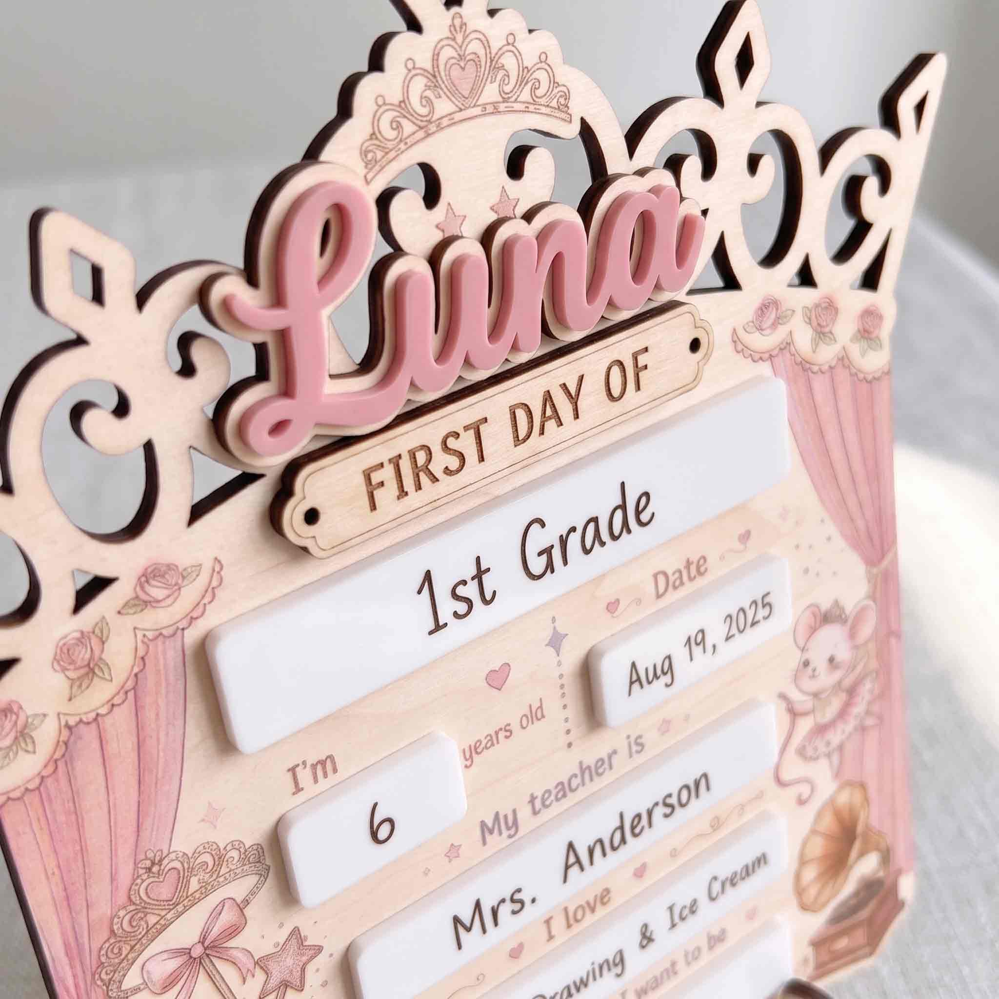Personalized Princess Crown First Day School Board, Reusable Dry Erase Board, Back to School Sign
