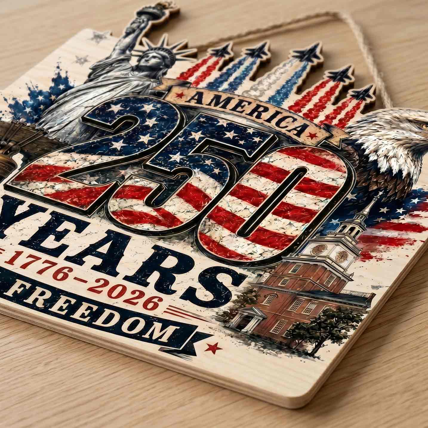 America 250 Years of Freedom 1776-2026 Statue of Liberty Bald Eagle Liberty Bell Patriotic Wooden Sign