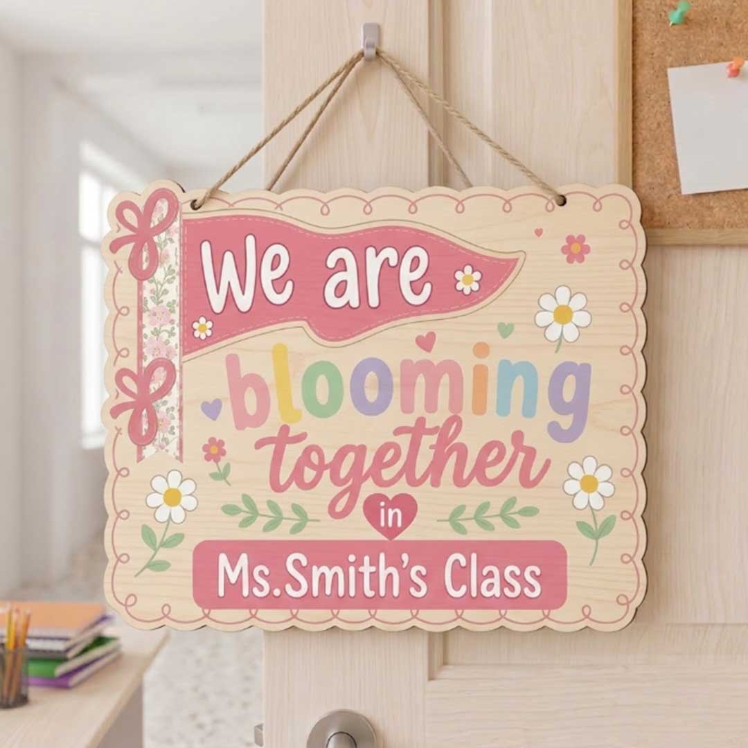 Personalized Teacher Name Wooden Sign Door Hanger We Are Blooming Together In Class  Wooden Classroom Decor, Back to School Sign
