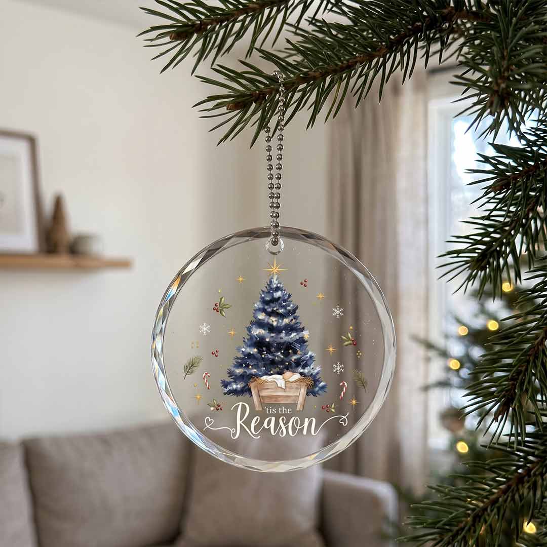 Tis The Reason Nativity Baby Manger Blue Christmas Tree Nativity Round Glass Christmas Ornament