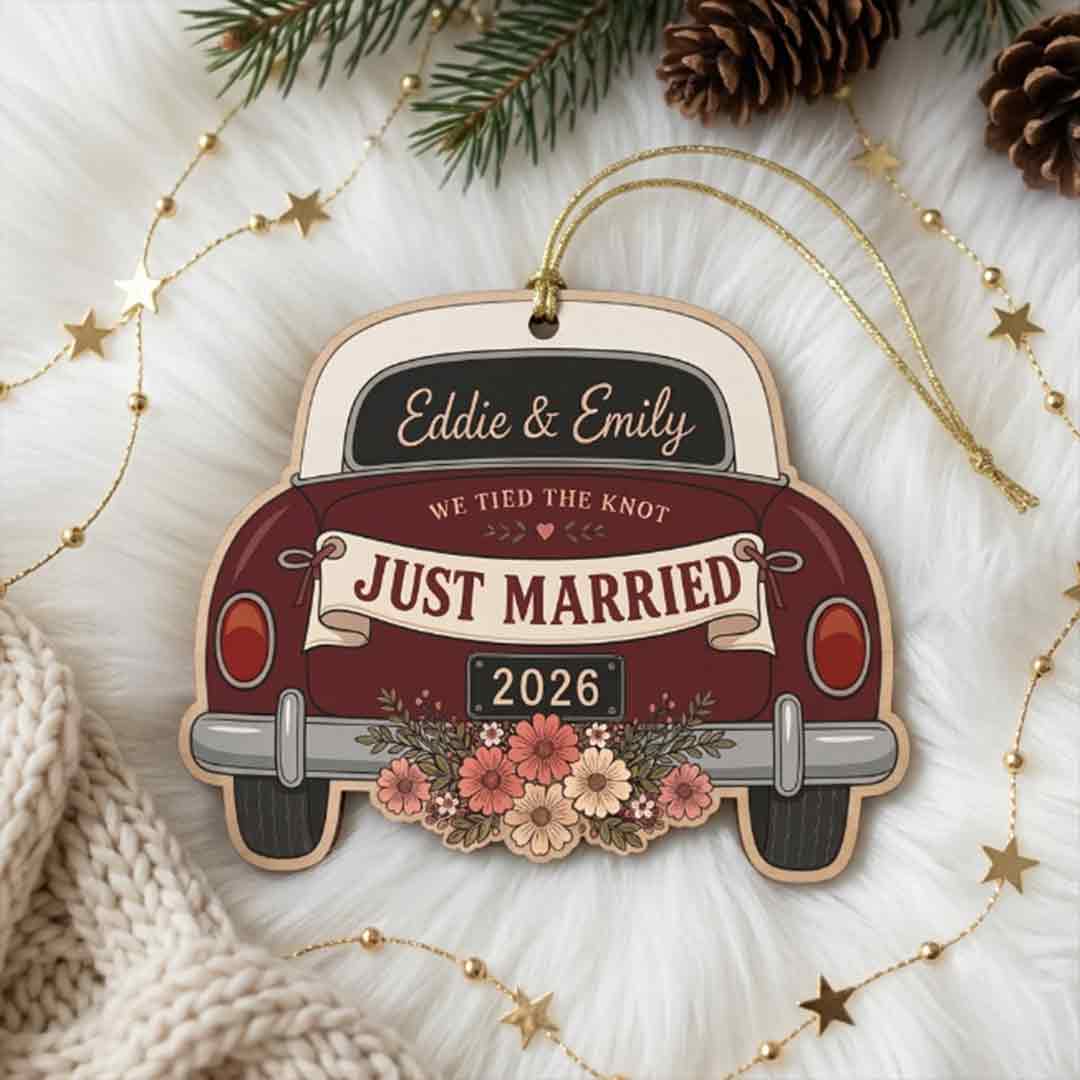 Just Married Wedding Car Newlywed Keepsake Personalized Custom Name Date First Wedding 1-Layer Wooden Christmas Ornament for Newlyweds