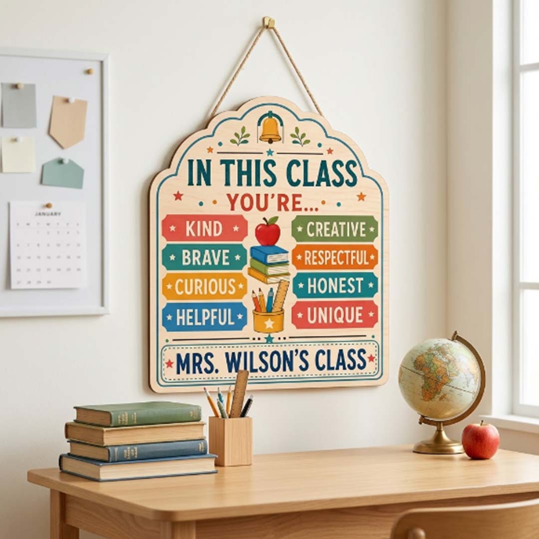 Personalized Teacher Name Wooden Sign Door Hanger Classroom Golden Rule Wooden Classroom Decor, Back to School Sign