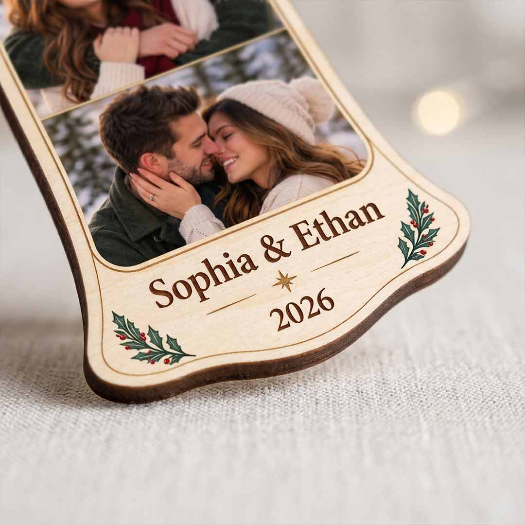 Christmas Bell with Bow Couple 2026 Holiday Keepsake Personalized Custom Name Date Photo Couple 1-Layer Wooden Christmas Ornament for Couples Gift