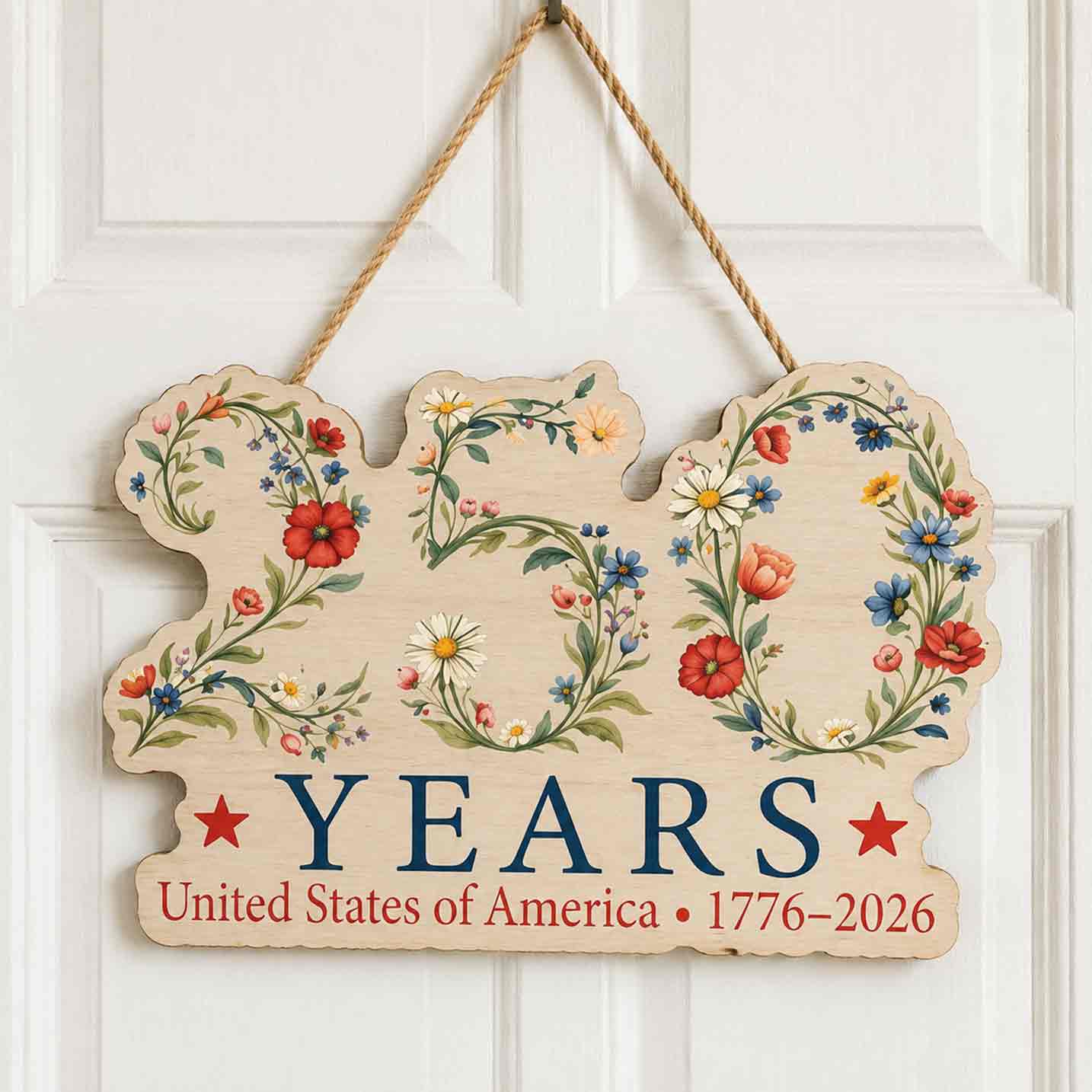 America 250 Wooden Sign Patriotic Wildflower Decor 1776-2026
