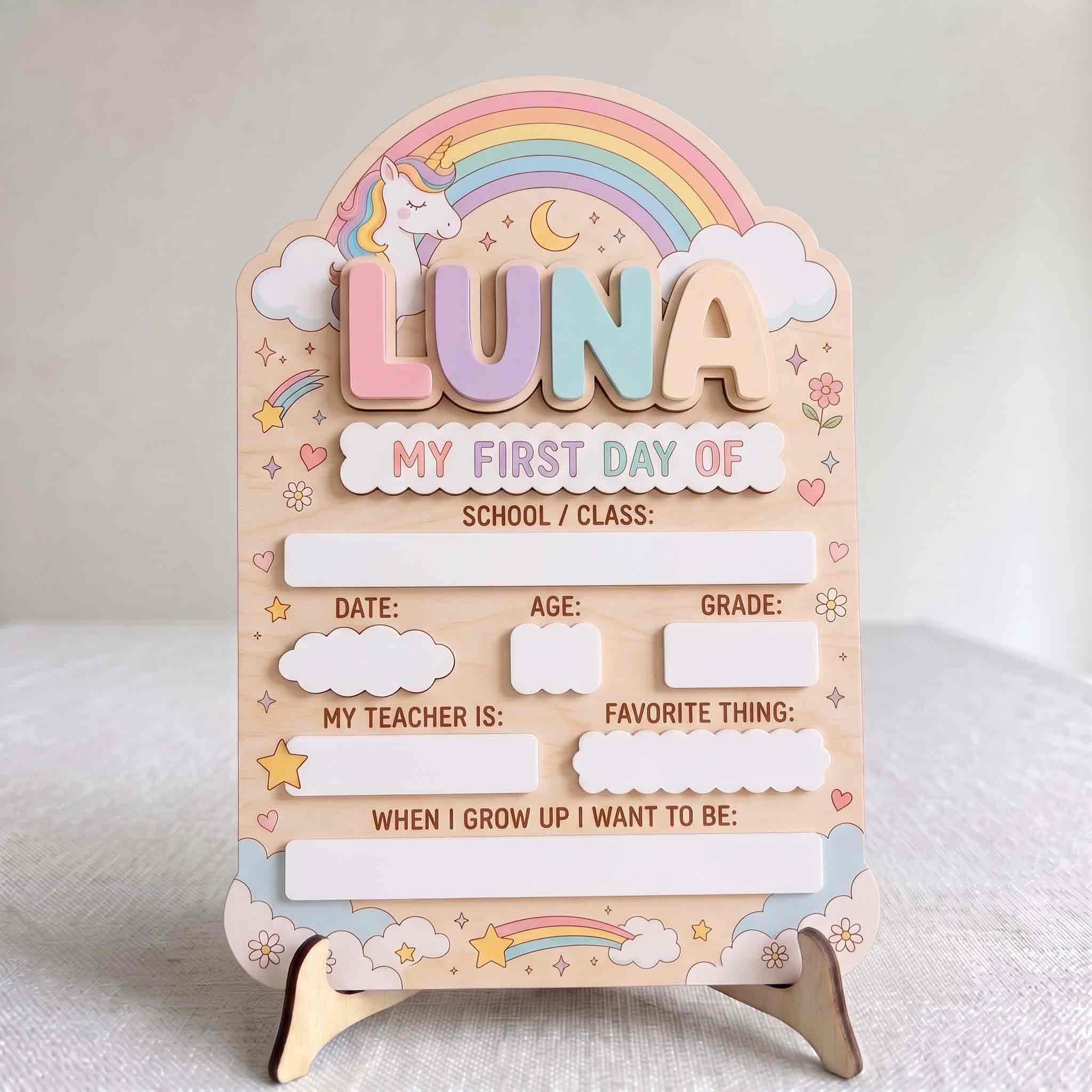 Personalized Unicorn Rainbow Theme First & Last Day School Sign, Reusable Dry Erase Board, Back to School Sign