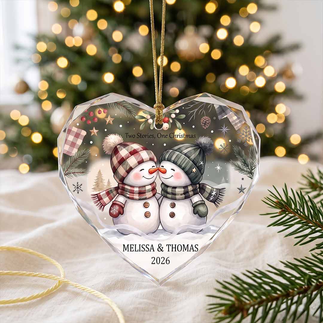 Two Stories One Christmas Snowman Couple Personalized Couple Custom Name Date Christmas Gift Heart Glass Christmas Ornament