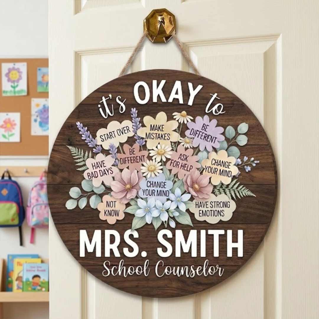 Personalized Teacher Name Wooden Sign Door Hanger Flowers School Counselor Sign Wooden Classroom Decor, Back to School Sign