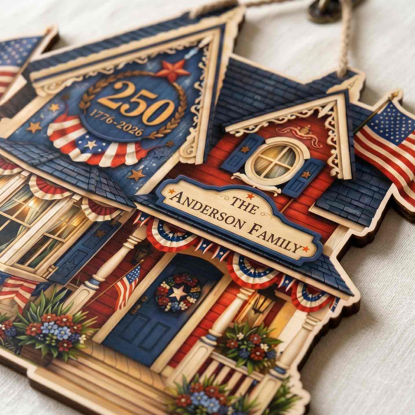 Personalized America 250 Family House Wooden Hanging Sign