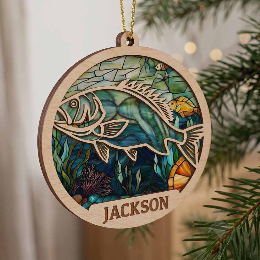 Fish Mosaic Art Personalized Custom Name Fishing 2-Layer Wooden Christmas Ornament Christmas Gift for Fishing Lover